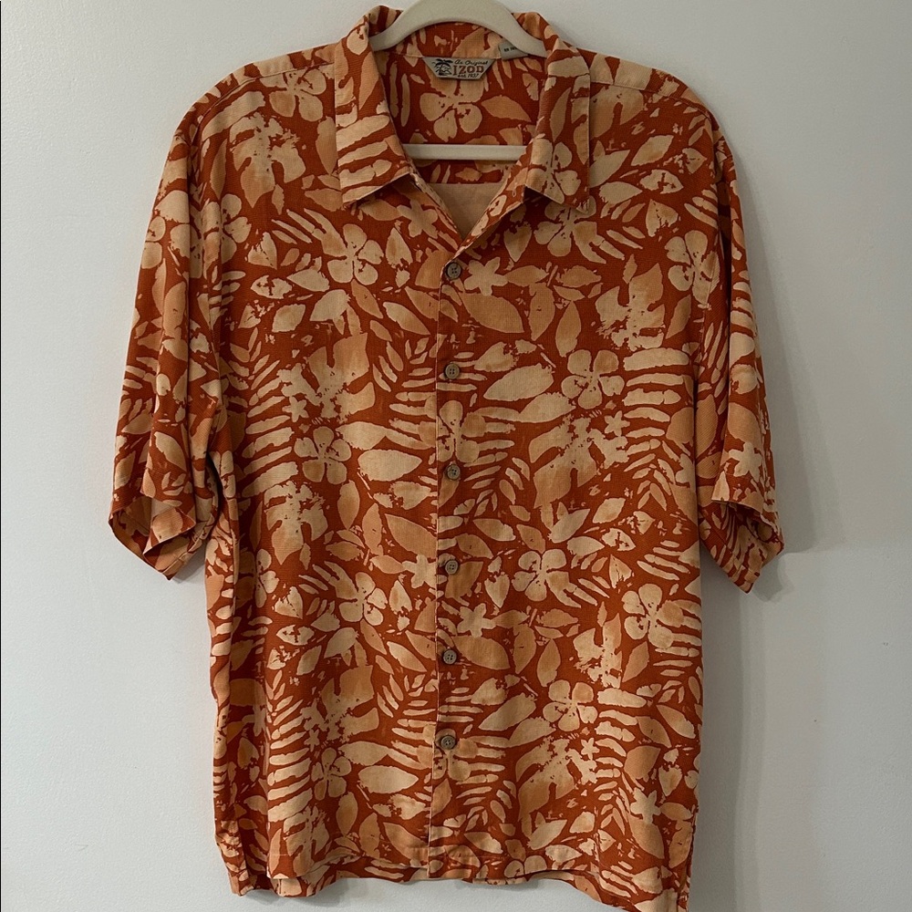 Izod Original Silk Shirt Men’s Large Orange Floral Hawaiian Resort Wear